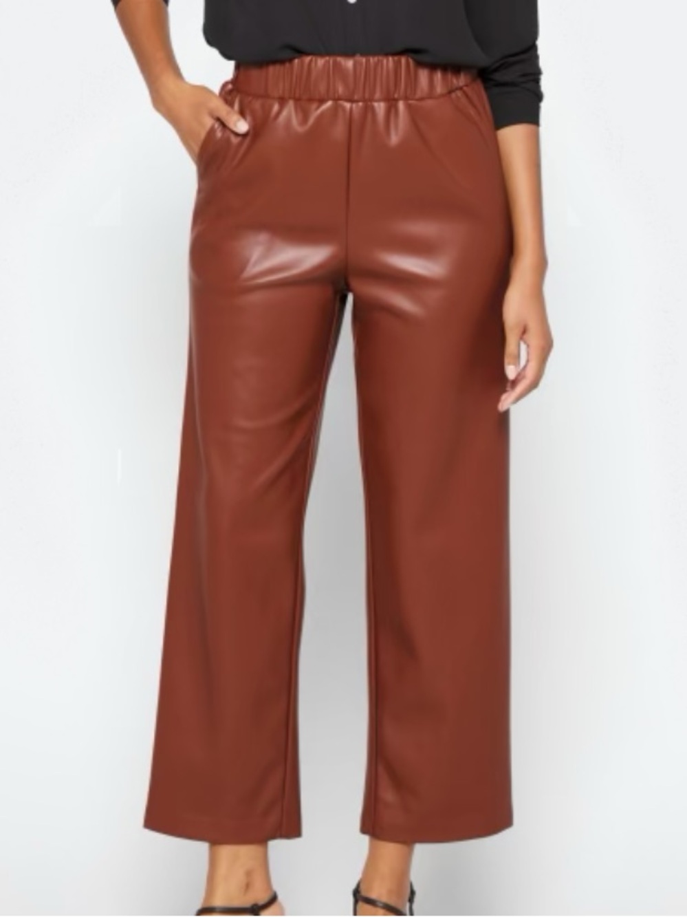 BLANK NYC Coated Wide-Leg Pull-On Pants in Brown
